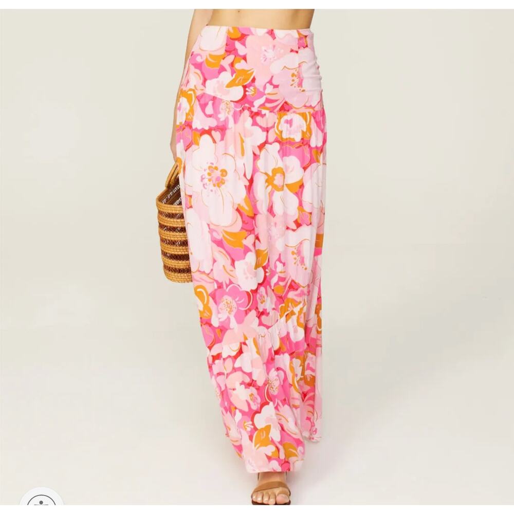 MinkPink Pink Tiered Ruffle Maxi Skirt XS Cottagecore Boho Vacation Full $129